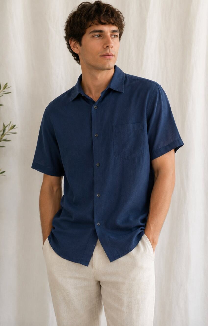 Parisian Signature Fine Linen Silk Blend Navy Button Down Shirt Men's L Preppy